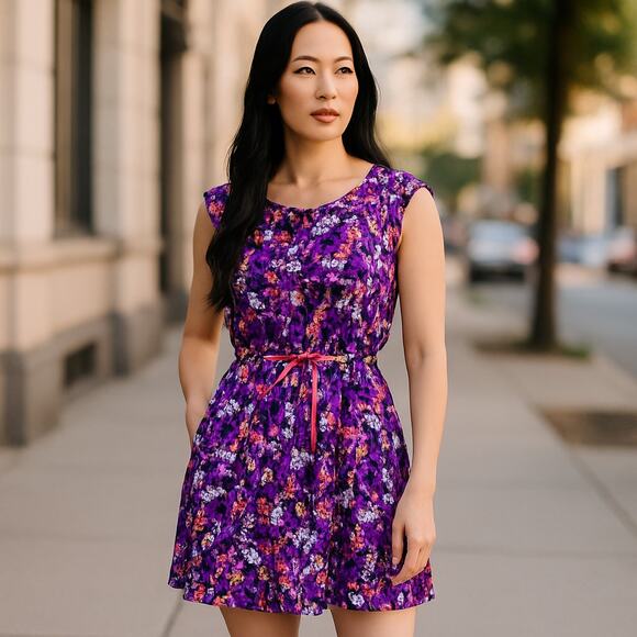 Vero Moda Rikke purple floral tie front cap sleeve shift knee length dress small - Picture 1 of 11
